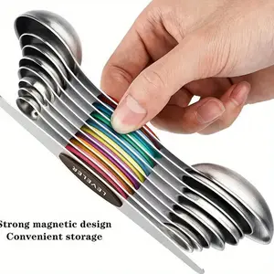 9-Piece Magnetic Stainless Steel Measuring Spoon Set with N45 Strong Magnets Heavy Duty Leveling Kitchen Tools for Baking Cooking Universal Spice Jar Fit Professional Grade with Built-in Leveler Utensils Measure Metal Oval Tin