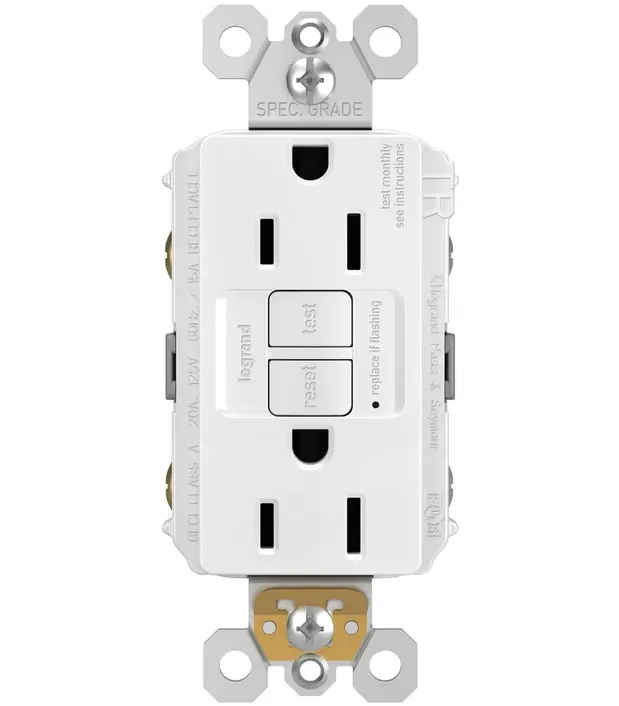 Legrand Radiant 15A Self-Test GFCI Receptacle Socket, Tamper-Resistant Decorator Duplex Shock Guard 3-Prong Safety Outlet, Indoor Bath Use, with Captivated Mounting Screws