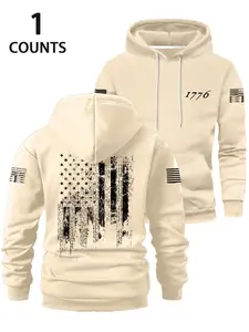 Men's Fall Winter Hooded Athletic Sweatshirt, Flag Print Design, Chest Pocket, Elastic Waistband, Long Sleeve, Casual Loose Fit, Outdoor Activities