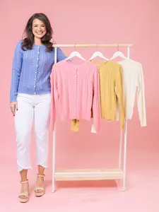 Cable Knit Pearl Button Cardigan by DD Design | S-3XL
