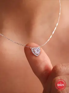 1 Pc Exquisite Unique heart-Shaped Romantic Zircon Pendant Necklace for Women Real S925 Sterling Silver Jewelry Bridal Wedding Engagement Anniversary Dating Party for Ladies as Mother's Day Valentine's Day Girlfriend Birthday Gift Heart Design Necklace