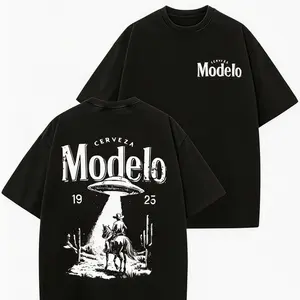 Modelo UFO Cowboy Graphic-Shirt – 230g Heavyweight Vintage Washed Cotton Retro Streetwear Tee With Cerveza Modelo Letter Print, UFO Western Cowboy Desert Scene Design, Y2K Oversized Casual Short Sleeve Men's Summer Fashion