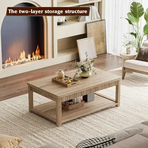 RaybeeFurniture 39" Modern Coffee Table, 2-Tier Storage & Wave-Edge Design, Oak Center Table for Living Room, Bedroom, Office RaybeeFurniture 39" Modern Coffee Table, 2-Tier Storage & Wave-Edge Design, Oak Center Table for Living Room, Bedroom, Office