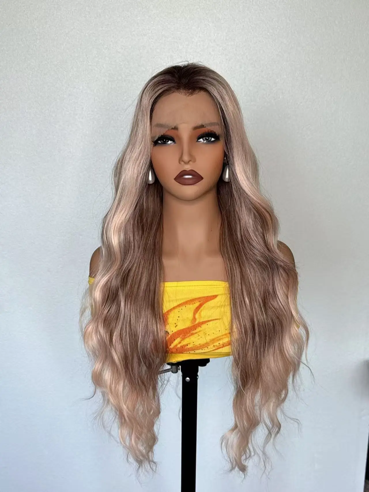 Shelly-NEW! DWY 13×4 Lace Front Free Part Long-Length Rose Gold Blonde Balayage Water Wave Glueless Synthetic Wig for Women 28 Inches Hair Replacement Wigs