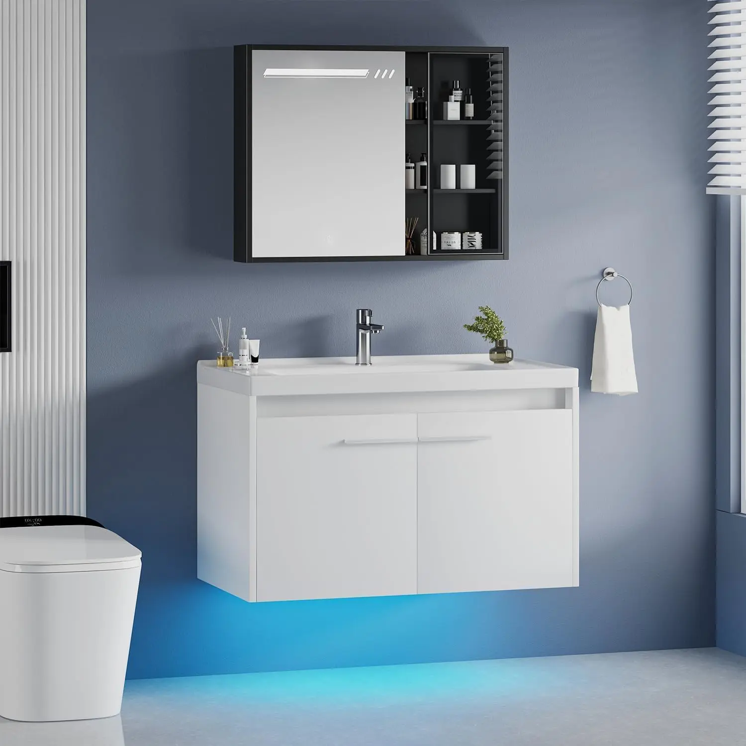 [SummerWins] HOMBCK Floating Bathroom Vanity with Sink, Modern White Bathroom Vanity with LED Light, Wall Mounted Sink Cabinet with 2 Doors summer garden,fathers day gift ideas#home essentials#back to school