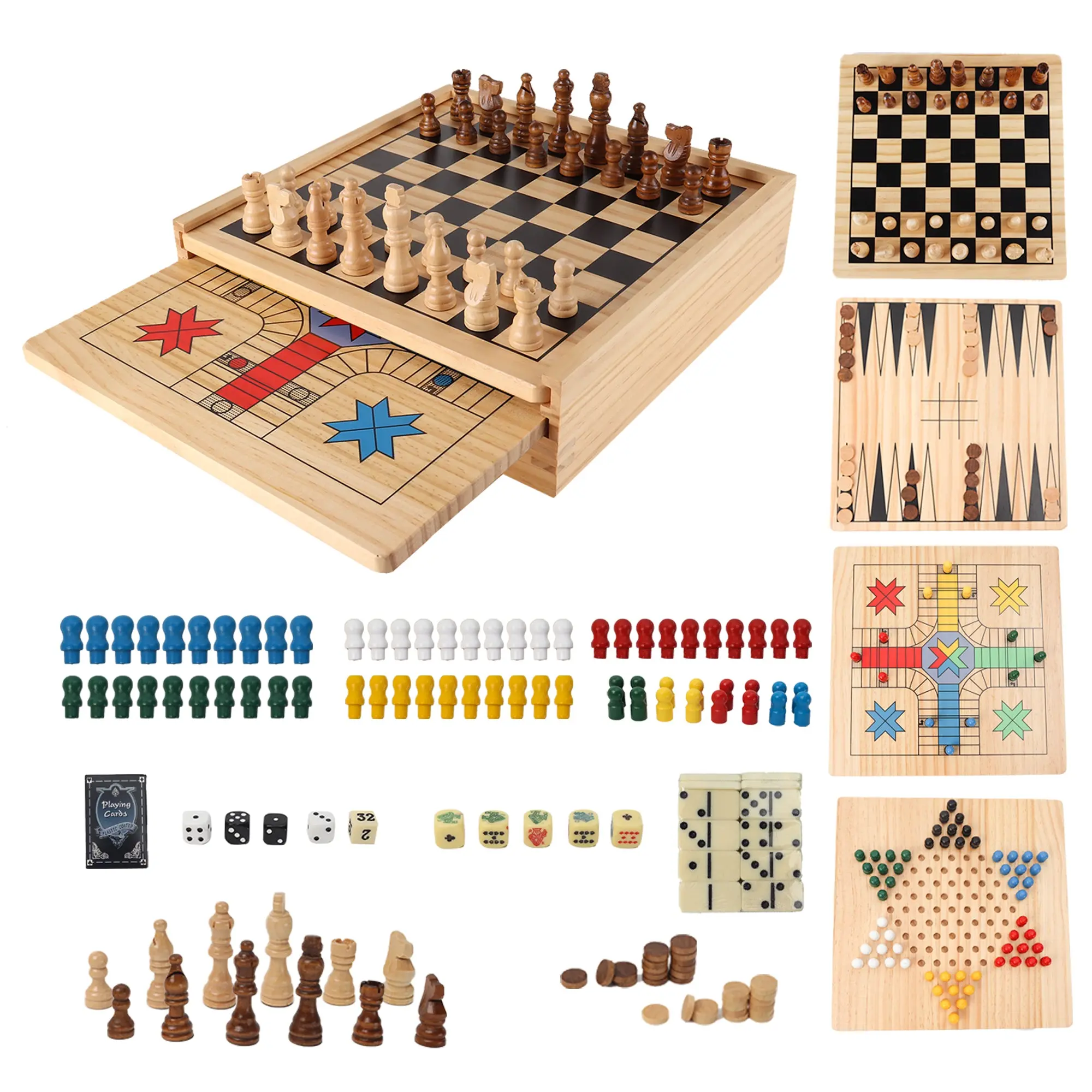9-in-1 Wooden Chess, Checkers, Backgammon, Chinese Checkers, Dominoes, Tic-Tac-Toe, Ludo, Playing Card & Poker Dice Game Combo Set Wooden Board Games Board Game
