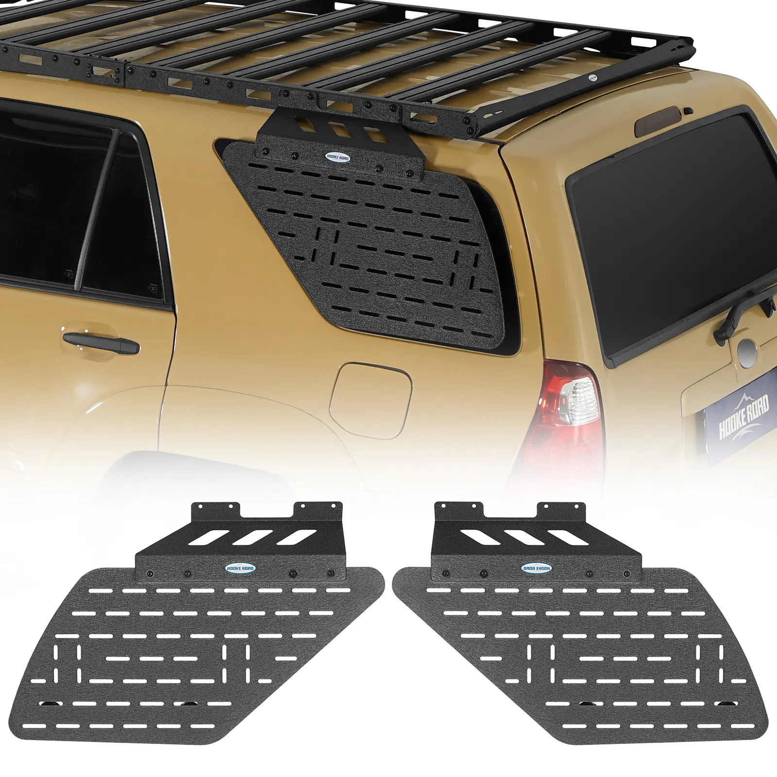Hooke Road Rear Window Exterior MOLLE Storage Panel - High-Strength 13-Gauge Steel Bolt-On Accessory for 2003-2009 Toyota 4Runner, Textured Plate, 2×Mounting Brackets, 2×Storage Panels, 27 lbs, Expand Storage, Holds Fuel/Water Containers