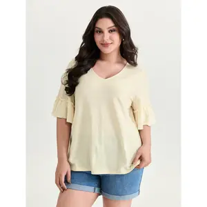 BLOOMCHIC Women's Plus Size Lady Top - Short-Sleeve Textured Ruffled Flowy Spandex Fabric Casual Fit T-Shirt 2026 Summer Vibes Swimweek