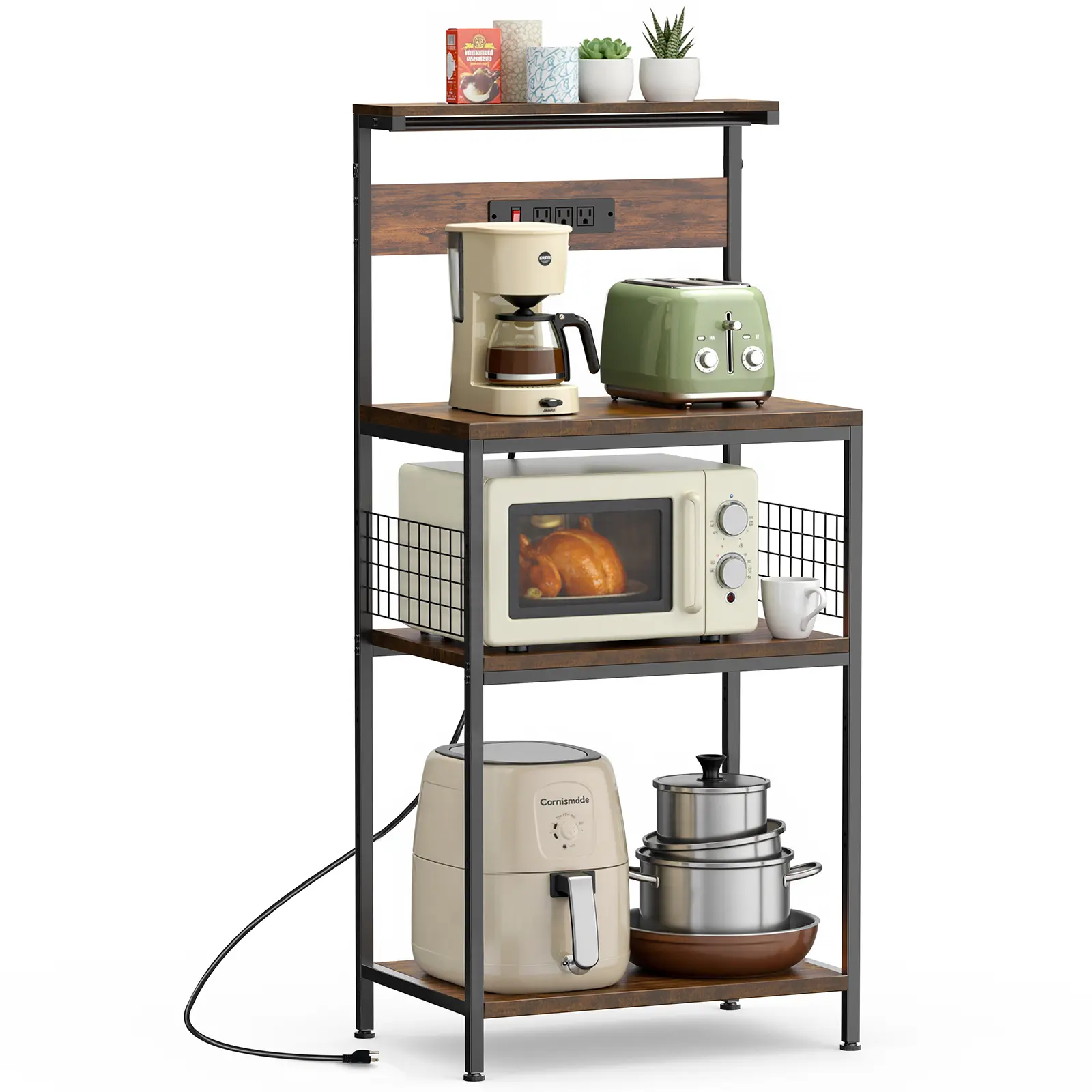 Sweetcrispy 4-Tier Freestanding Baker's Rack with Power Outlet, Adjustable Heavy-Duty Standing Shelf Unit, Home Organizer for Microwave Oven, Spices, Home Decor