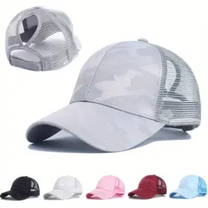 Women's Trucker Style Ponytail Baseball Cap - Breathable Printed Mesh Sun Hat with Ponytail Cut, Unisex Cap (1-Pack / 2-Pack)
