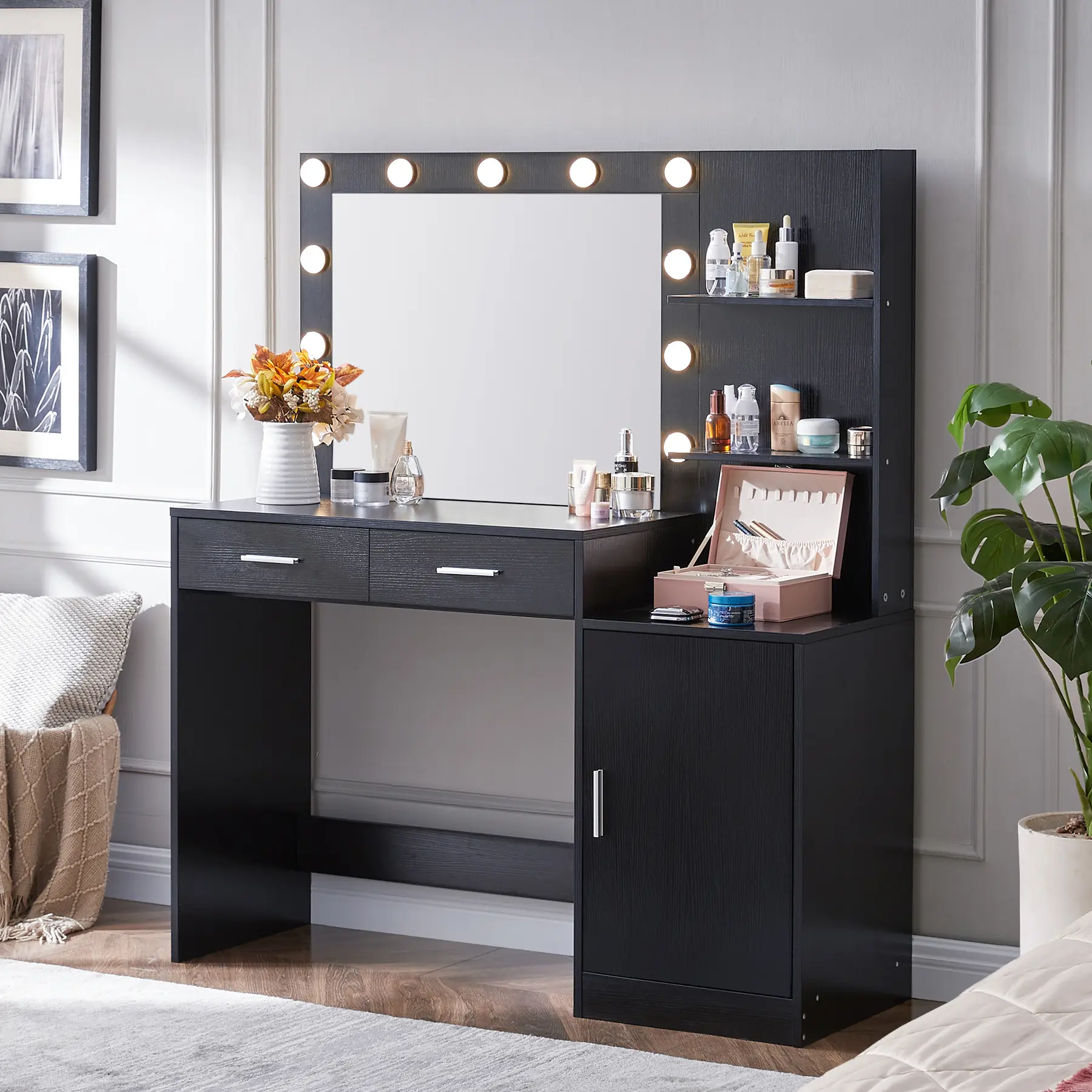 46.4in Ergonomic Vintage Classic Makeup Vanity Desk with Adjustable-Light Mirror, 2 Large Drawers, Vertical Organizer, 3-Level Storage, 3 Lighting Modes, MDF Wood, Assembly Required, Vanity Organization, Beauty Storage Solutions for Bedroom