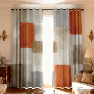 2-piece minimalist artistic curtains Orange gray brown white geometric color block printing filter translucent curtains Window Curtain, suitable for machine washable decorative curtains in living rooms, bedrooms, kitchens, etc., Home Decoration Curtain