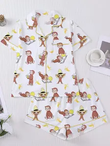 Girls' Cute Monkey Banana Print Short Sleeve Button Shirt and Loose Elastic Shorts Pajama Set, Fashion Casual Home Wear, Fun and Adorable Style