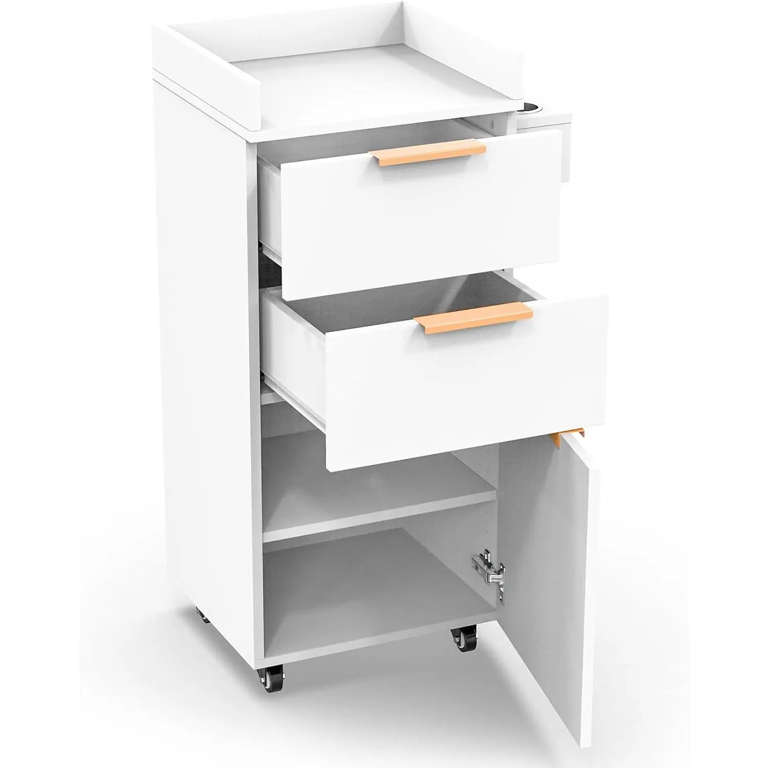 OmySalon Sturdy Wood Commercial Salon Barbershop Trolley Cart - 14.5" x 15.7", Adjustable Lockable Caster Wheels, 2 Drawers, 1 Storage Cabinet, Portable Styling Station for Hair Stylists