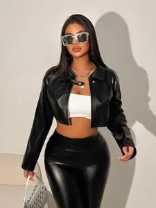 Women's Black PU Leather Short Jacket - Fitted & Trendy - Perfect for Autumn Wear - Essential City Head Accessory - Minimalist & Modern Look - Basic Long Sleeve Top Accessory