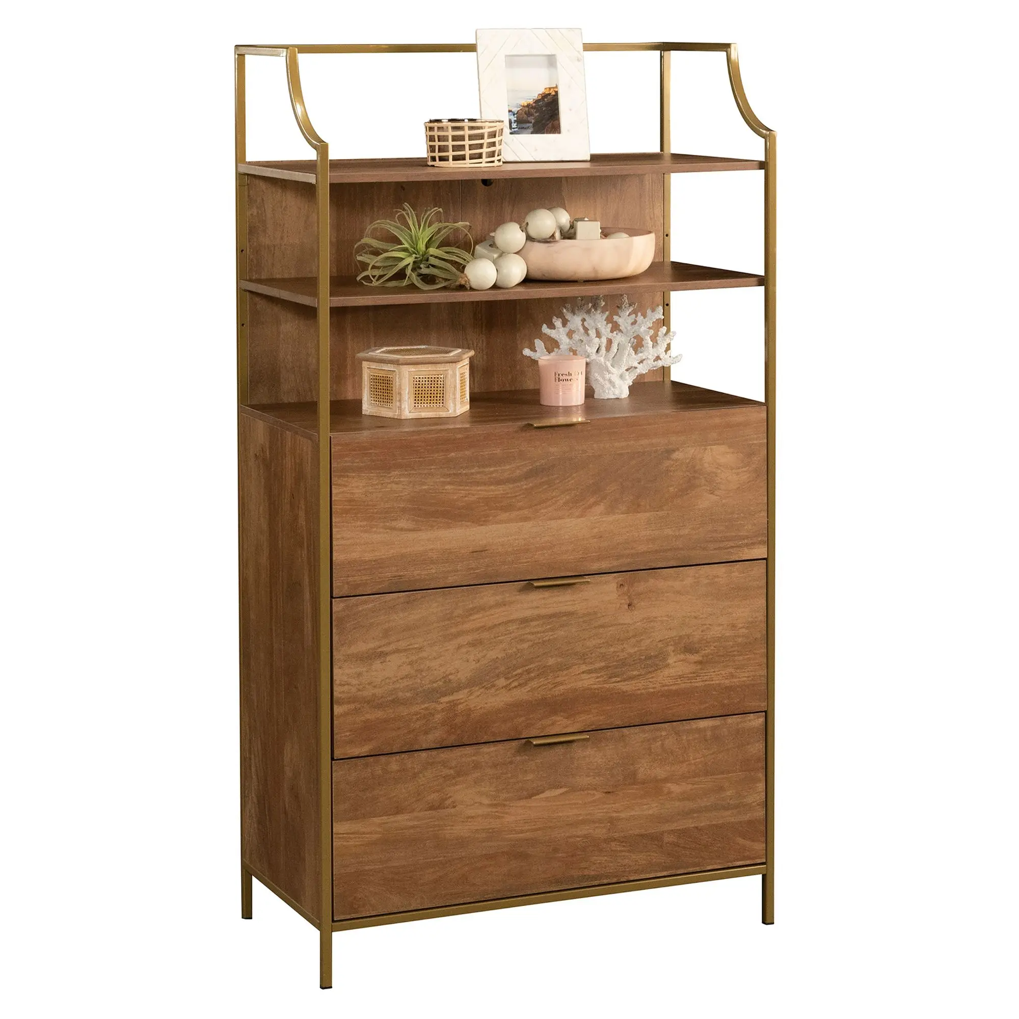 Sauder International Lux 3-Drawer Chest Modern Storage Cabinet with Open Shelving & Tip-Over Prevention System for Bedrooms Living Rooms