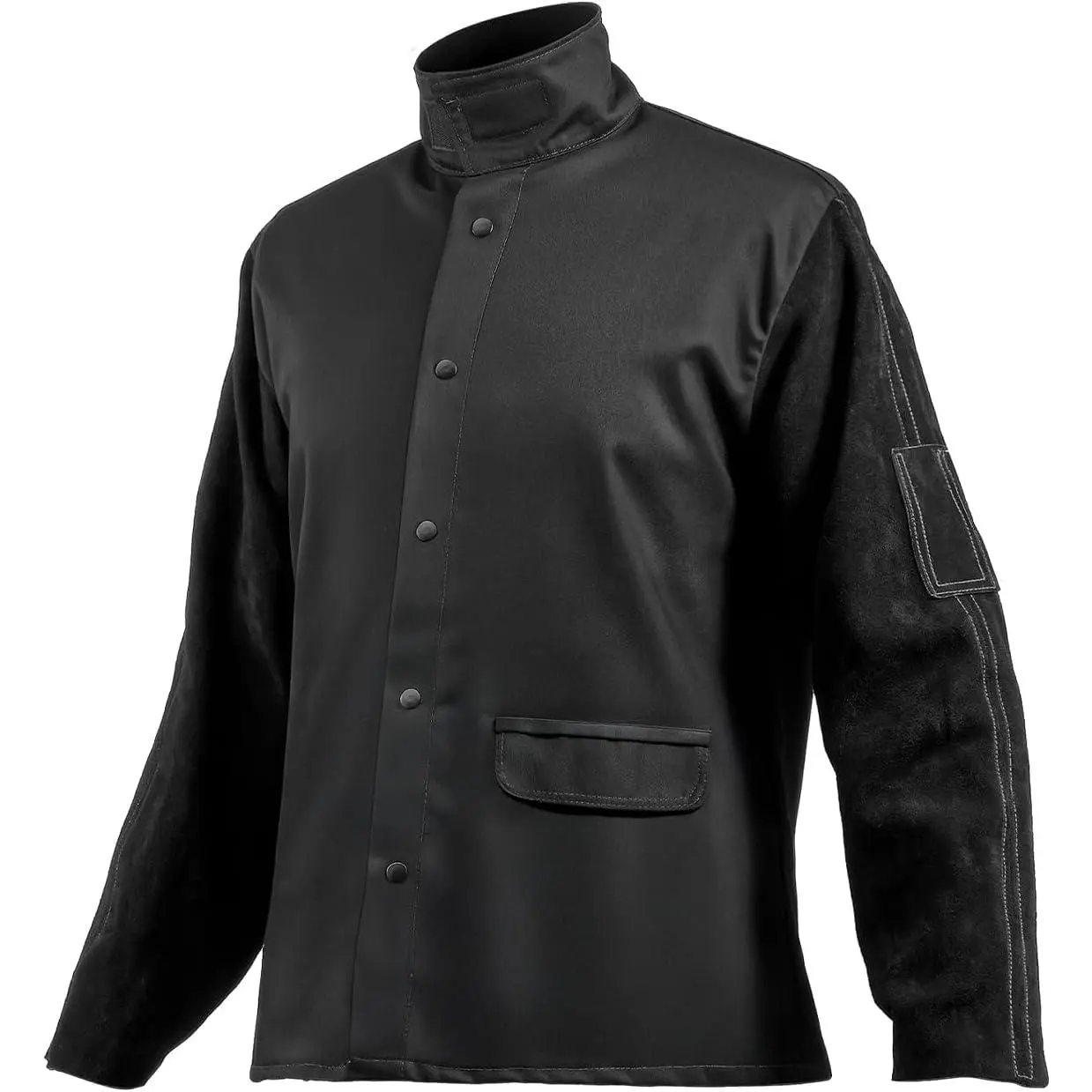 VEVOR Flame-Resistant Welding Jacket, 9 oz Cotton Construction, Leather Sleeves, ATPV 9.2 Arc Protection, Snap Buttons Closure, Heat Resistance
