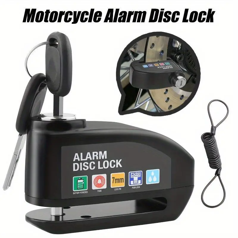 110-Decibel Motion Alert Disc Lock with Alarm - High-Quality Zinc Alloy U-Shape Integrated Anti-Theft Waterproof Brake Lock, 5ft Warning Cable, Carrying Pouch for Motorcycles, Bicycles, Deters Potential Thieves, None