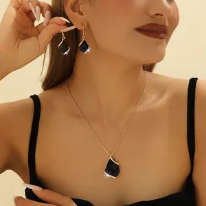 Crystal Geometric Necklace & Earring Set, Polygon Cut Pendant with Water Drop Dangle Earrings, Statement Jewelry Set for Women, Gift for Her