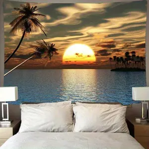 One beach sunset tapestry, polyester peach fiber wall hanging, with a sandy palm pattern background, suitable for bedrooms, living rooms, and outdoors - fashionable theme