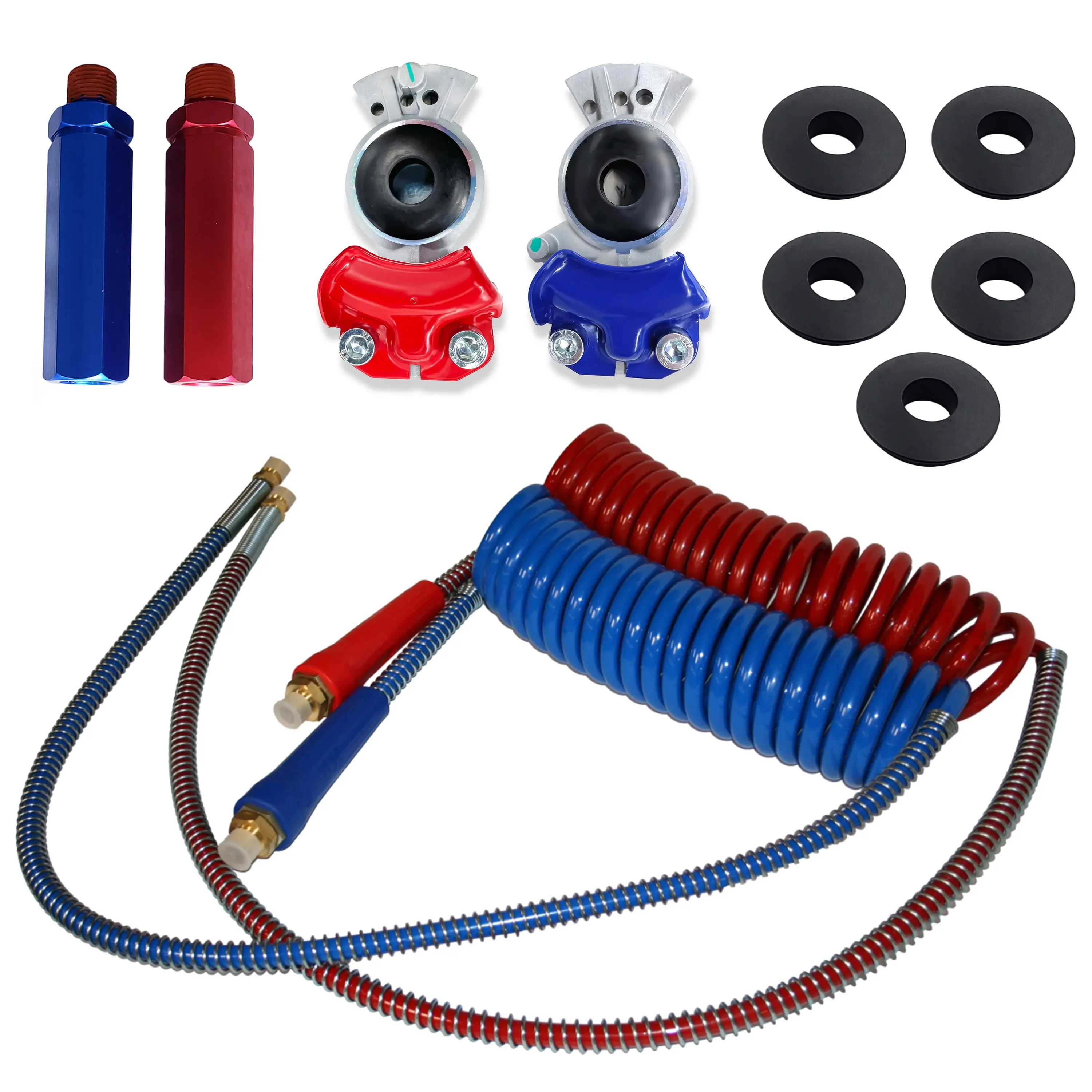 15ft Red & Blue Coiled Air Hose Kit w/ Glad Hands - Coilhose Pneumatic, Connection, Flexible, Replacement for Velvac 022025, 035042, 12600, Coilhose Pneumatic Hose, Connection Hose