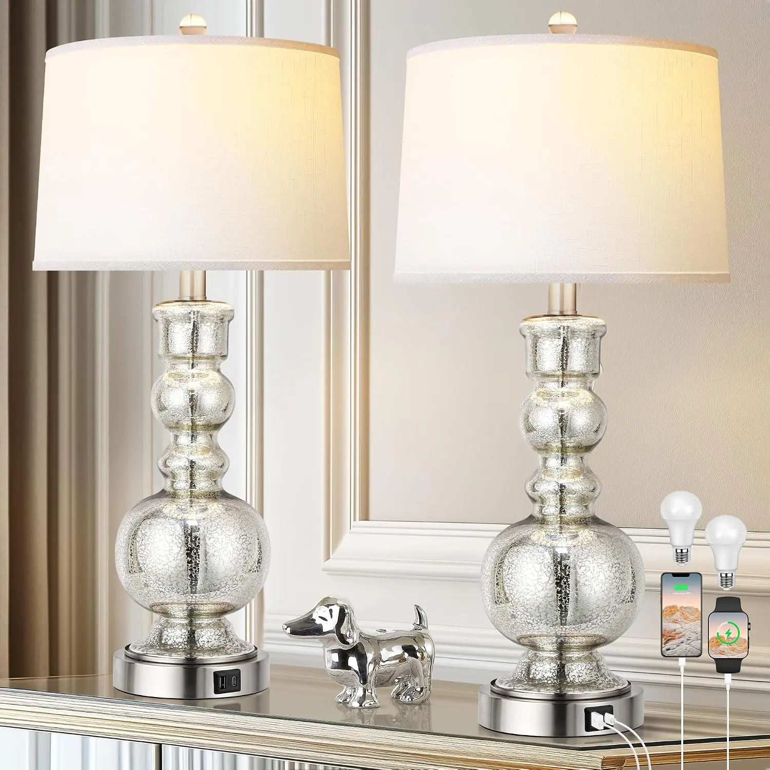 3-Way Dimmable Touch Control Clear Grey Glass Table Lamps Set of 2 with USB A+C for Modern Comtemporary Bedroom Nightstand Living Room Decor(Bulbs Included) (Mercury Silver)