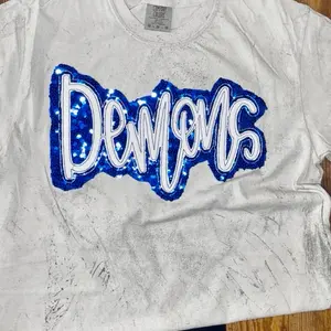 Demon Mascot Embroidered Sequin Shirt - Womenswear Shirt with Blue Glitter Design Shirts Blouse Comfort Shortsleeve
