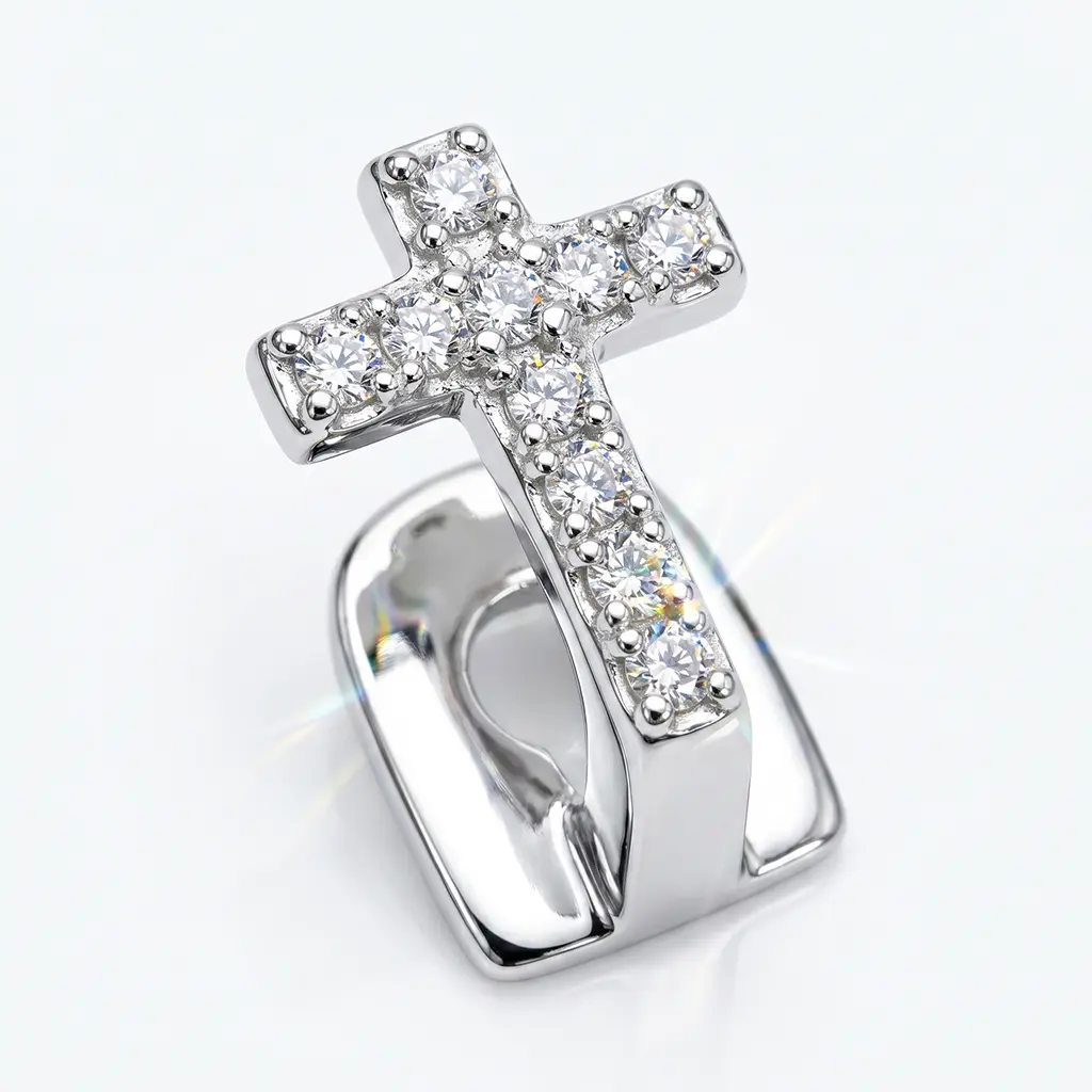 Men's & Women's 2-Piece Platinum-Plated Iced-Out Cross Cubic-Zirconia Tooth Grillz, Hip-Hop Body Jewelry Tooth Caps