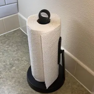 Heavy-Duty Stainless Steel Paper Towel Holder with Tension Arm – Easy One-Handed Tear, Modern Standing Countertop Dispenser for Kitchen, Holds All Paper Towel Rolls
