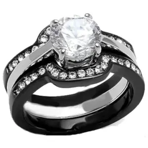 3 Piece Black Band Wedding Ring Round Brilliant Cut Cubic Zirconia Wedding Ring Set