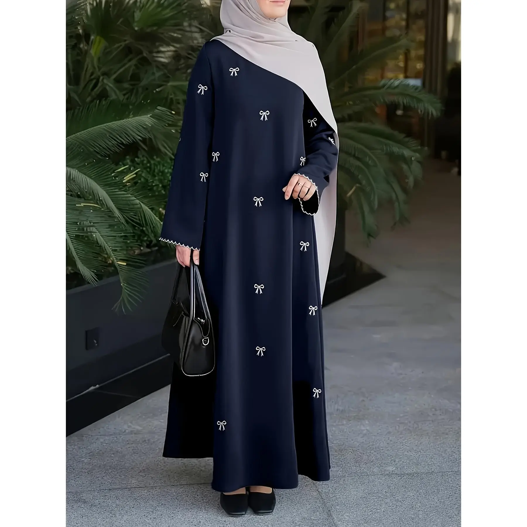 Elegant Embroidered Abaya for Muslim Women, Modest Long Sleeve Dress with Tie-Waist for Ramadan and Casual Wear, Classy Modest Dresses, Modest Dresses