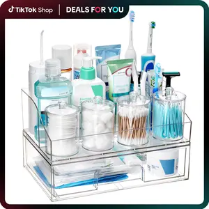 【Live Only】Vtopmart 6 PCS Bathroom Countertop Organizer, with 4 Qtip Holder Jars and 1 Drawers, Restroom Clear Organizers for Toothbrush, Cotton Pads, Vanity Accessories Storage Set, DealsForYouDays (Mid Year Sale Restock) fathersdaygift, DFYD