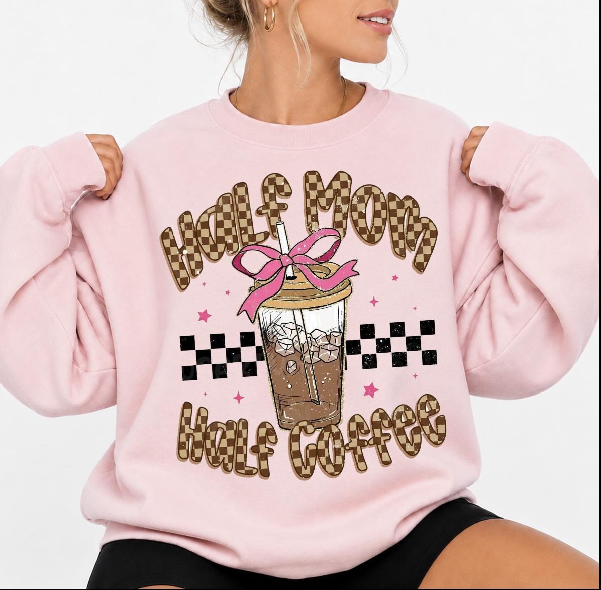 Half Mom Half Coffee Retro Checkered Mama Pullover Sweatshirt, Needs Coffee Coquette Bow Shirt, Coffee Lover Mother’s Day Gift