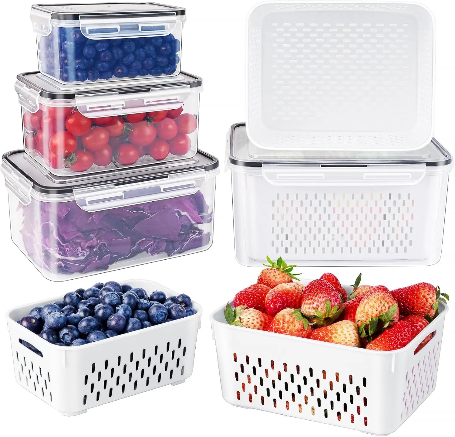 4 Pieces Airtight Insulated Food Storage Set Fruit Organiser Containers Salad Spinner Fridge with Removable Colander & Lids, Airtight Food Basket Container, Dishwasher Safe Produce Saver Refrigerator, Keep Berry Fruit Fresh Longer Kitchen Utensils