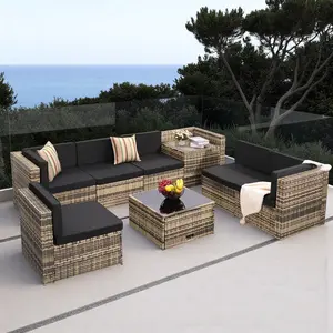 MURAGO 8-Piece Patio Furniture Set, Outdoor Wicker Rattan Sectional with Thick Cushions, Glass Top Table with Hidden Storage, Outdoor Conversation Set for Backyard, Porch, Patio, Black