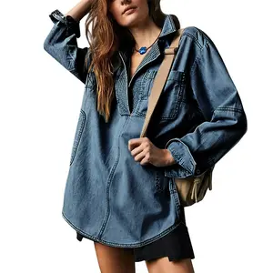 MIDIROSS Women's V-Neck Denim Pullover Shirt
