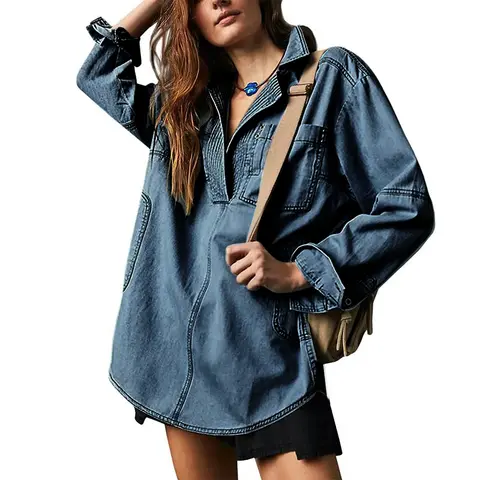 MIDIROSS Women's Basic Cotton Denim Pullover Blouse - V-Neck, Long Sleeve, Drop Shoulder, Cargo Pocket, Fitted, Oversize Option, All Seasons, Casual Minimalist, Shorts-Skirts Coordinating Top