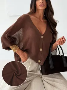 Trendy Chic Sheer Panel Batwing Sleeves Knit Cardigan | Deep V-Neck Button Down Oversized Top | Women's Casual Breathable Summer Outfit