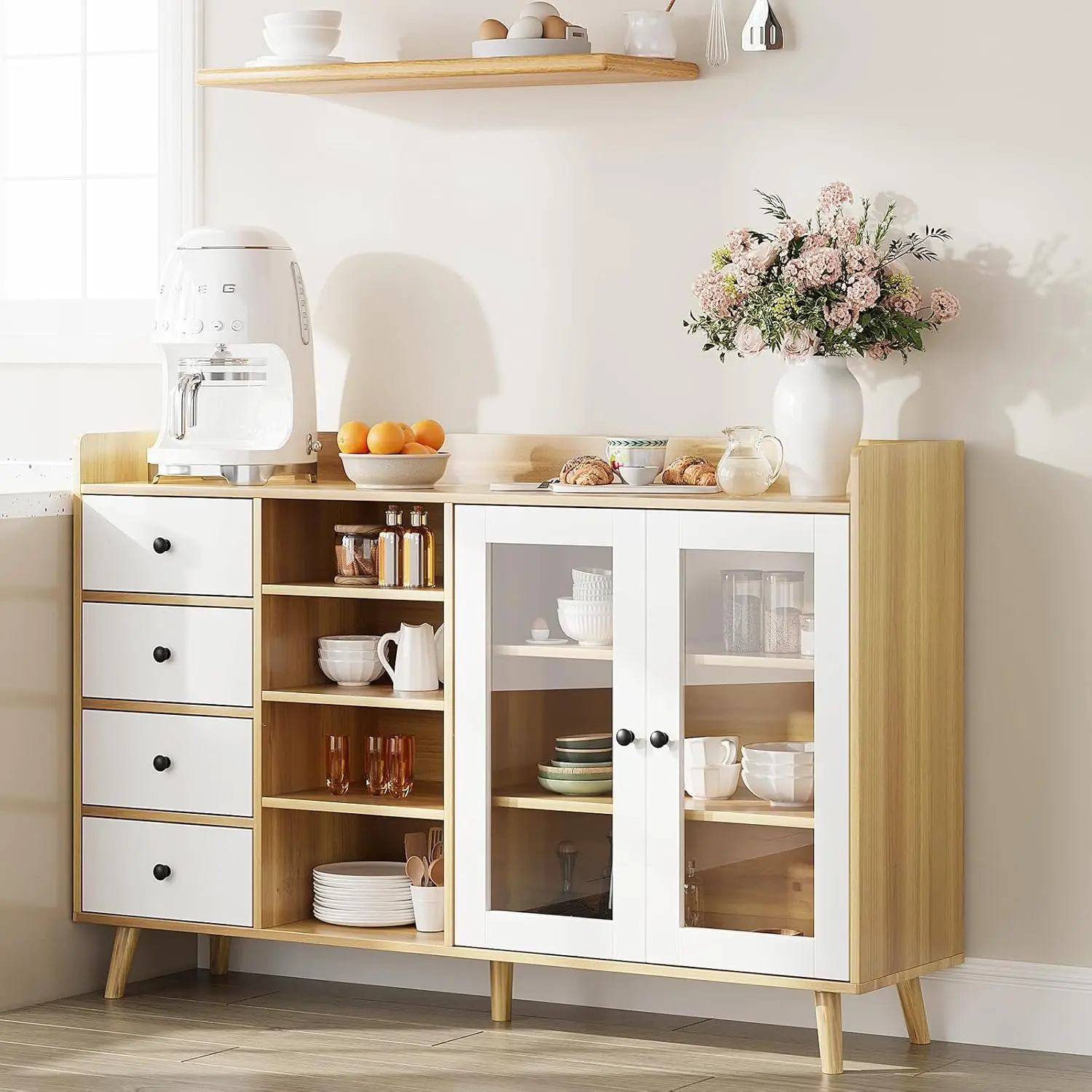 Gaomon Natural Wood Freestanding Kitchen Cupboard - 55" Width Modern Credenza Cabinet, Sturdy Design, 2 Glass Doors, Adjustable Shelves, Metal Handles, Indoor Home Furniture for Kitchen, Living Room