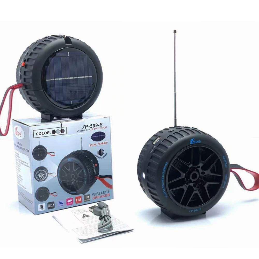 Car Wheel Design Solar-Powered Portable Wireless Speaker with USB & Micro SD Card Slots, Detachable Strap, Rechargeable Battery & Strong Sound Output for Universal Cell Phone and Wireless Devices