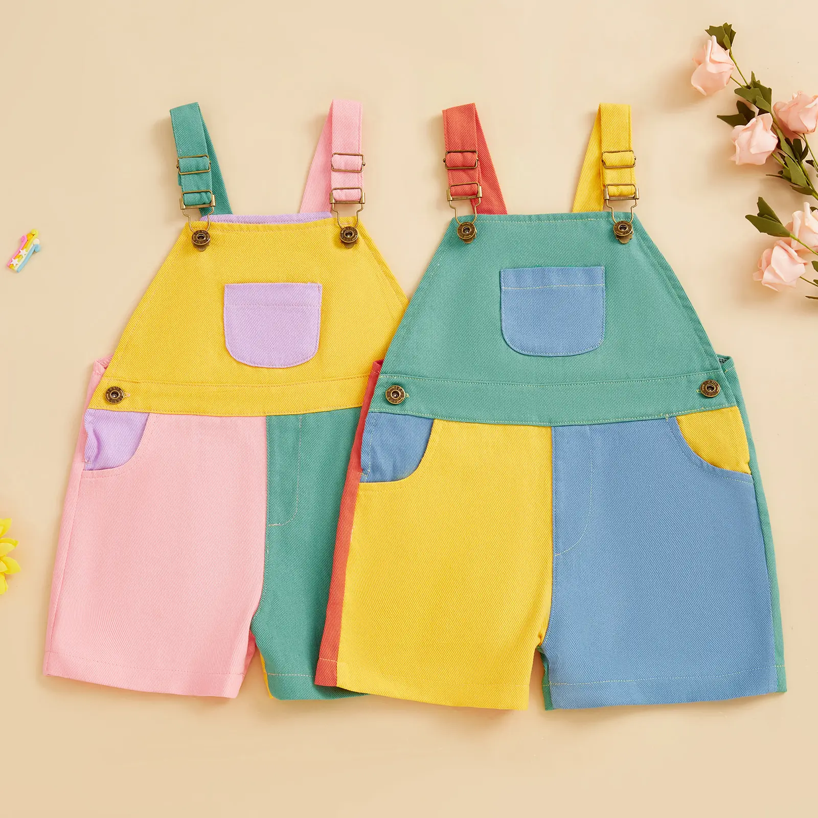 Toddler Boy Girl Overalls Shorts Contrast Color Sleeveless Suspender Romper with Adjustble Shoulder Strap