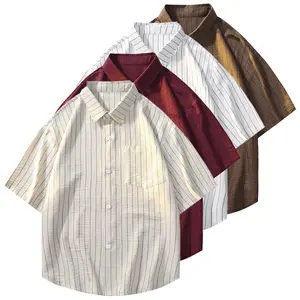 Summer solid-color striped collared shirt with buttons and pockets, loose fit; men’s casual outdoor lightweight breathable short sleeves; Japanese retro minimalist versatile brand; suitable for everyday wear and vacations. Summer Wins #fathersdaygift