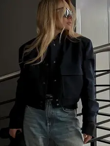 Women's Vintage Bomber Jacket, Multi-Color Button Front, Ribbed Collar, Layered Outerwear, Street Style, Casual, Fall & Winter Fashion