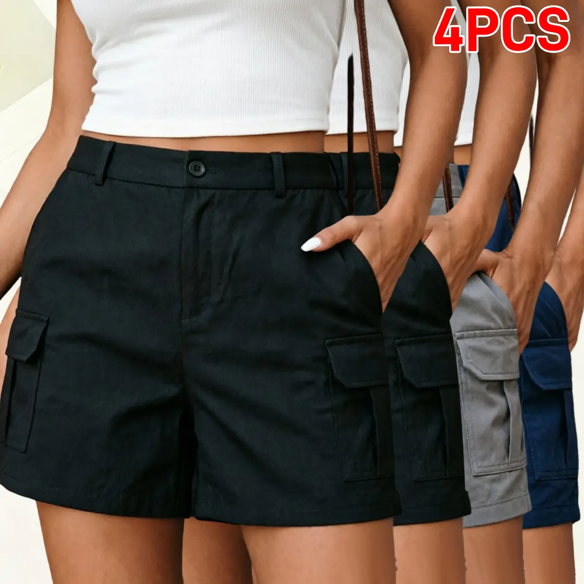 Women's 4-Pack High-Waisted Cargo Shorts, Vintage Pleated Quick-Dry Polyester Loose Fit with Pockets, Casual Wear, Black, Gray, Blue, Retro Look, Button Closure
