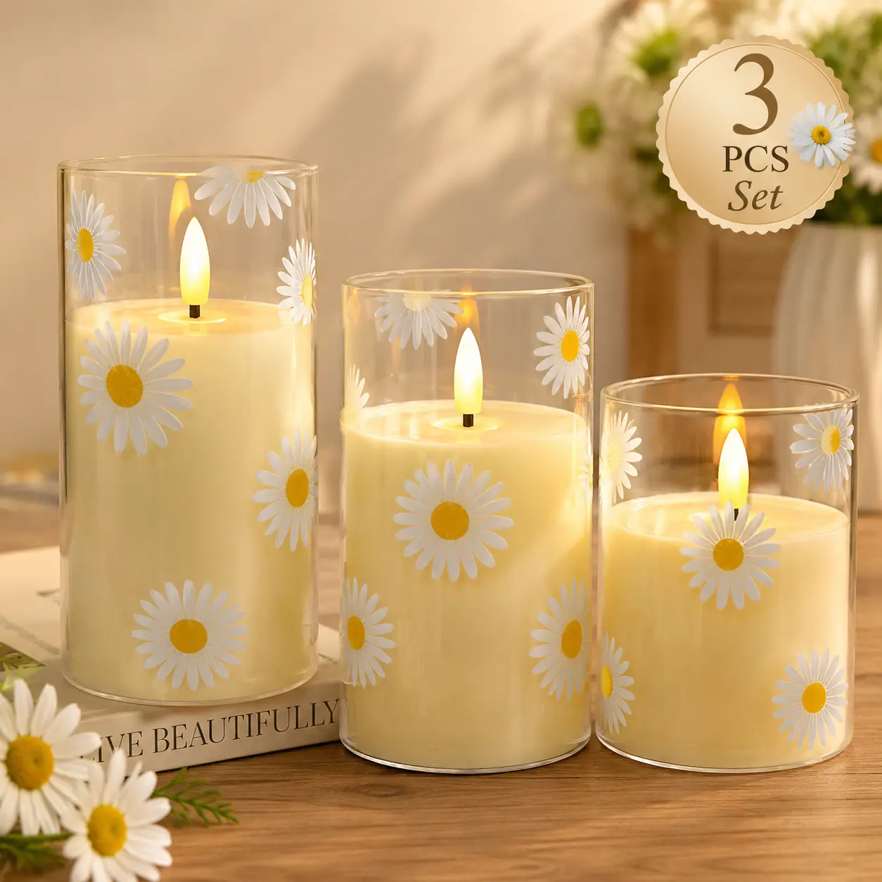 Plastic 3-Piece Daisy-Themed Candle Boxed Set, Floral Design for Home Decor, Room Decor and Ambient Glow