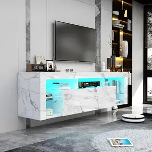 Floating TV Stand for TV's up to 70", Wall Mounted Floating Entertainment Center with LED Lights, Modern Wood TV Cabinet for Living Room, Bedroom, White Marbled