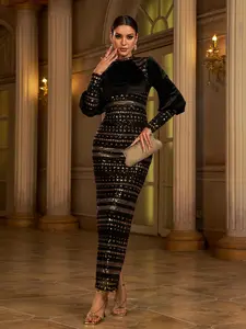 Missord Women's Sequin-Embellished Solid Color Patchwork Crew Neck Long Sleeve Prom Dress,XJ1779 Formal Womenswear