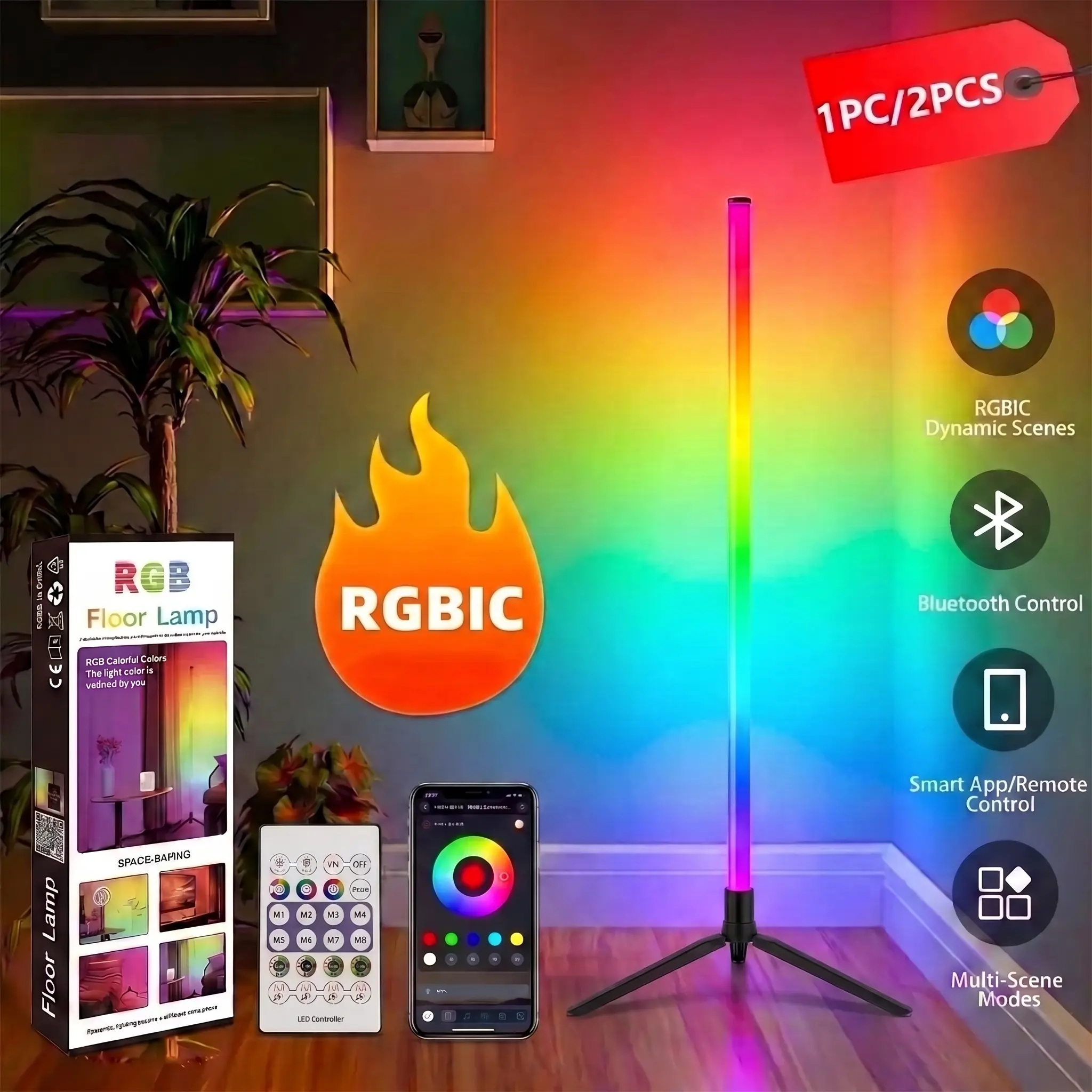 1PC/2PCS RGB Smart Floor Lamp, Color Changing LED Corner Light with Music Sync, App & Remote Control, Smart Ambient Lighting for Bedroom, Living Room, Gaming Setup,LED Floor Lamp,Bedroom,Living Room,Gaming Room