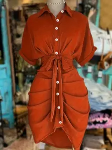 Women's Lapel Single-Breasted Belted Waist Short Sleeve Shirt Dress, Summer Fashion Casual Wear, Stylish Women's Clothing