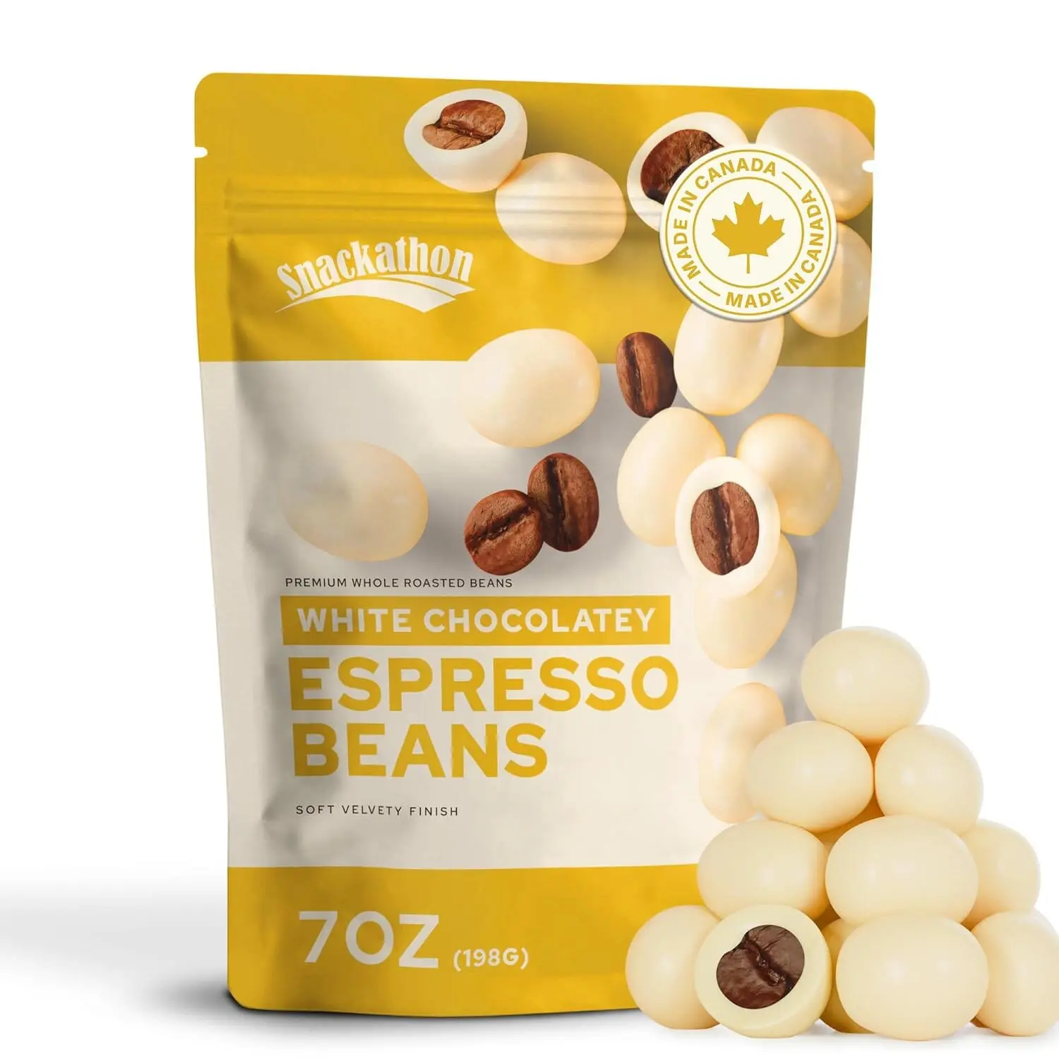 Snackathon White Chocolatey Covered Espresso Beans, Resealable Snack Pack, Gourmet Chocolatey Covered Coffee Beans, Smooth Coffee Candy Treat